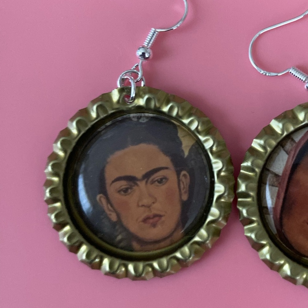 Surrealist painter Frida Kahlo. handcrafted bottle Cap Earrings